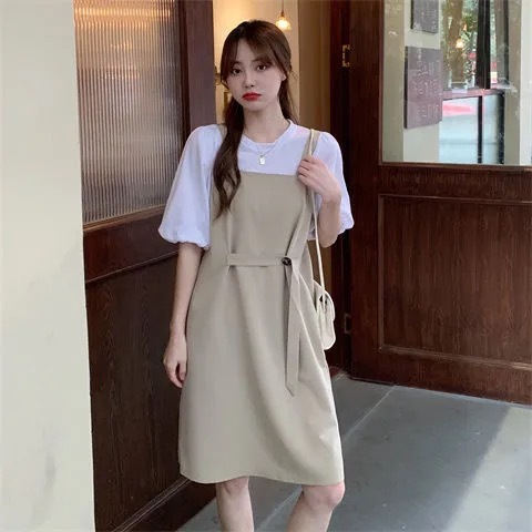 Salt and sweet suits, lean gas, small fresh strap dress, bubble sleeve shirt, women's two sets of foreign gas minus age.