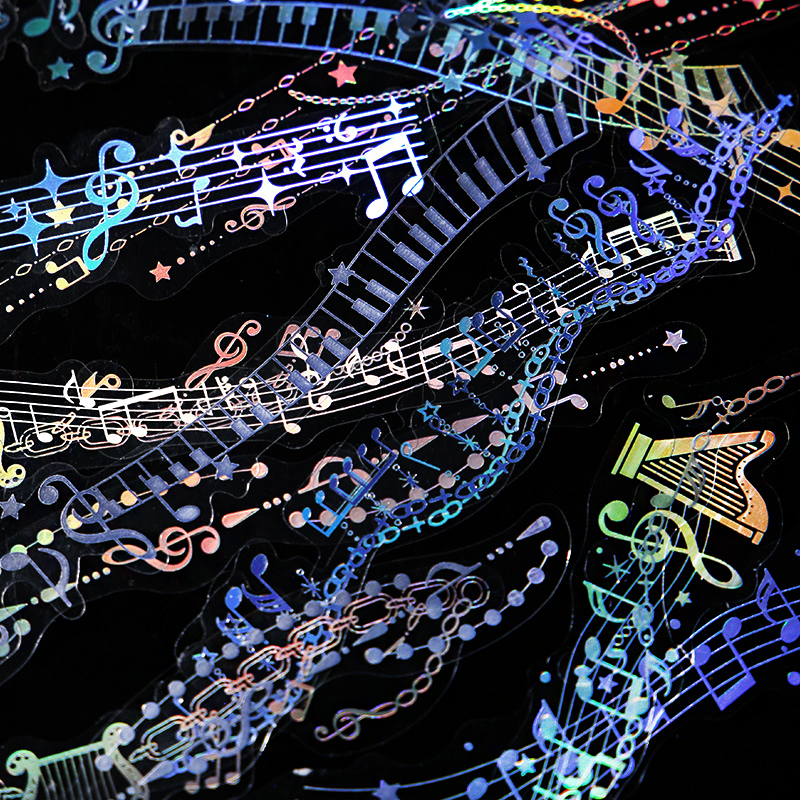 镭射贴纸 音符乐谱贴画 梦幻炫彩diy咕卡贴 手账边框装饰素材贴