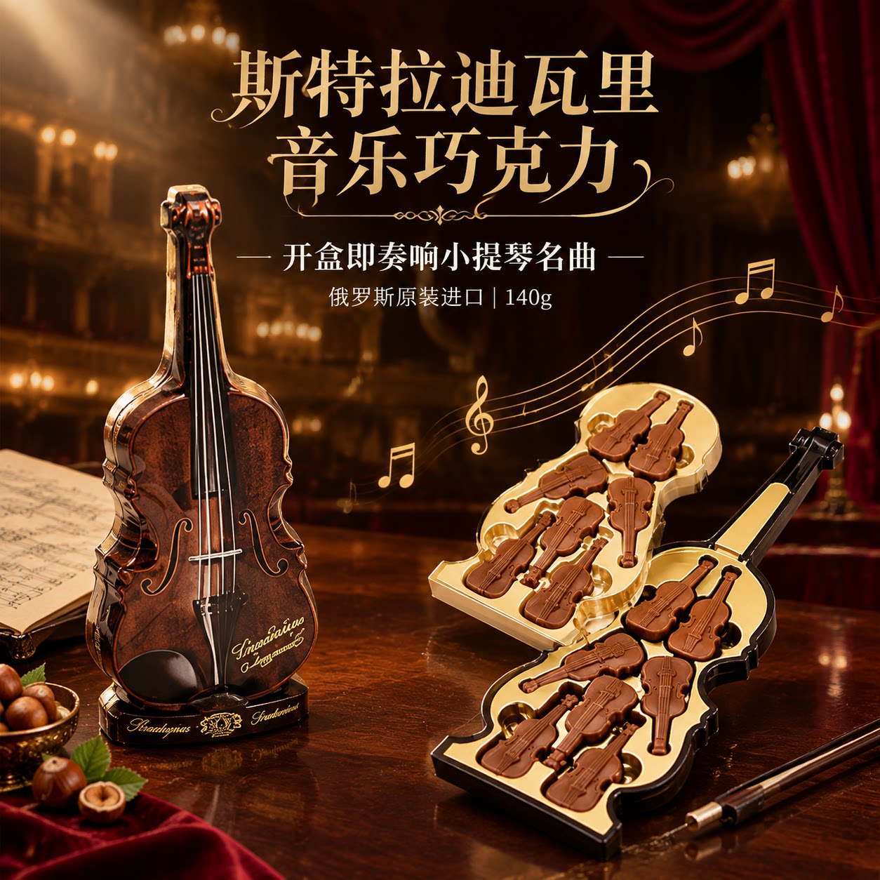 俄罗斯进口巧克力小提琴形音乐盒混合口味牛奶榛子夹心糖果礼盒