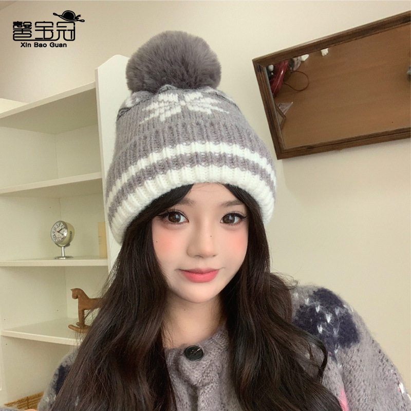 冬季户外保暖毛线帽韩版时尚带毛球针织雪花帽子女加绒护耳套