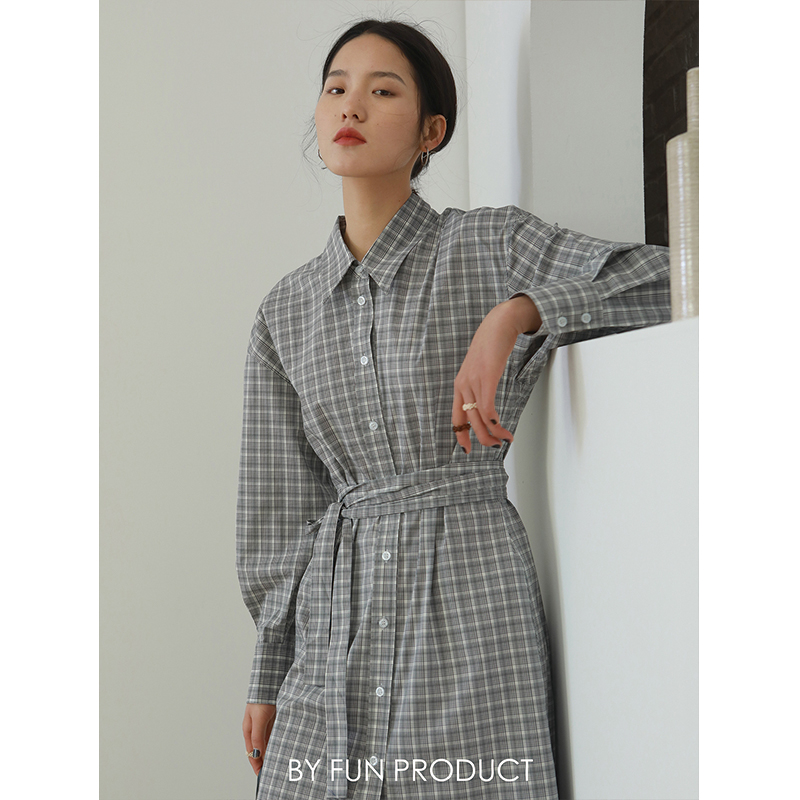 StudioFun 长袖格子连衣裙女长款A字裙QC