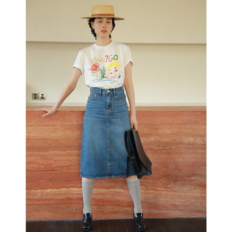 StudioFun 复古蓝裙子女夏季a字高腰开叉牛仔半身裙