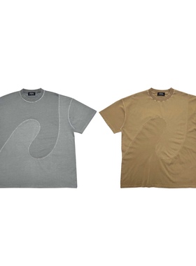 C7 渐变拼接重水洗 成衣染蜡染小领口vintage 廓形短袖T恤夏季男