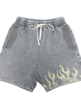 Cseven水洗火焰美式街头四分裤复古做旧蜡染纯棉重磅运动短裤男