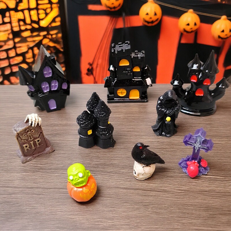 微景观万圣节城堡十字架乌鸦公仔