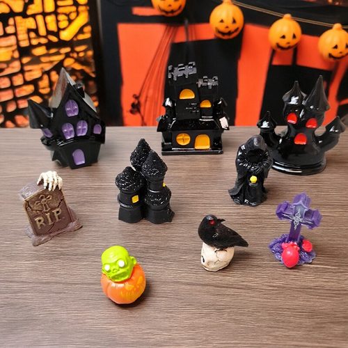 微景观万圣节城堡十字架乌鸦公仔