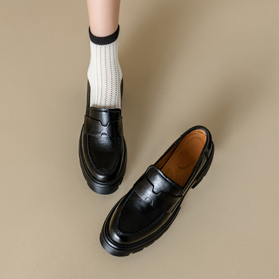 软软软！轻底版！增高7厘米~真皮乐福鞋女高跟厚底单鞋英伦小皮鞋