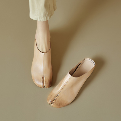 ins巨软巨好穿！头层水洗牛皮~分趾鞋女复古外穿包头半拖鞋穆勒鞋