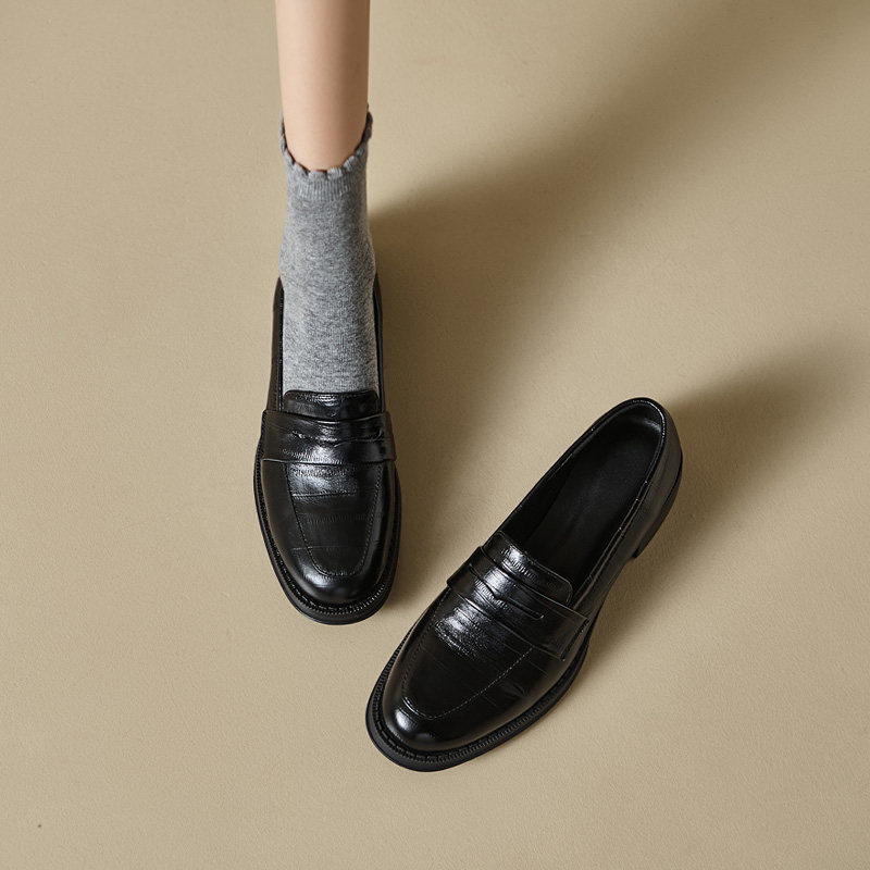 ins巨好穿！静音底~头层牛皮圆头一脚蹬乐福鞋女中跟粗跟通勤皮鞋