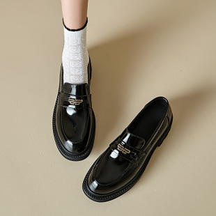 ins重磅推荐！巨显高~厚底增高乐福鞋女圆头松糕底一脚蹬小皮鞋软