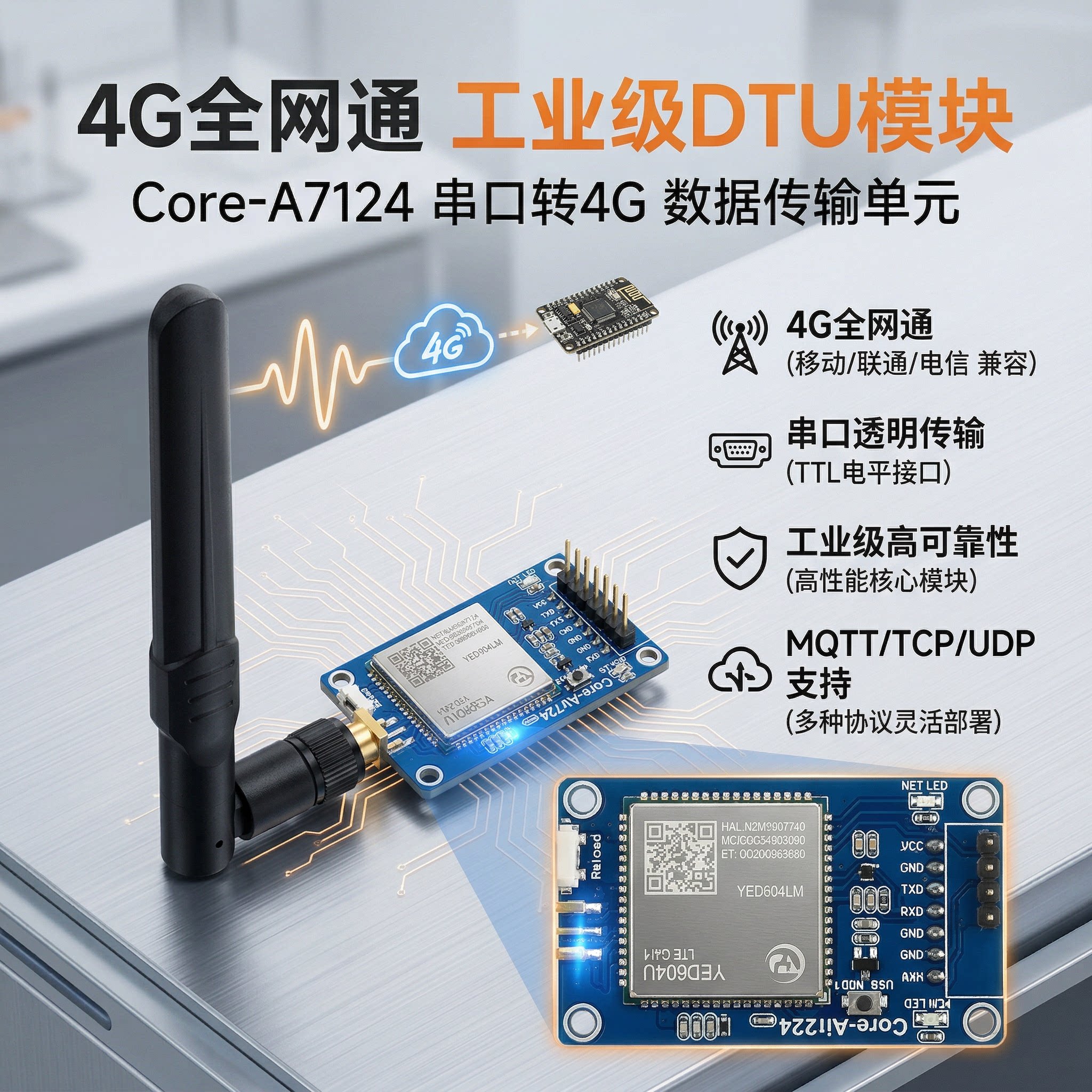 4G无线通信模块全网通UART串口 TCP UDP MQTT 数据透传ESP32 MCU