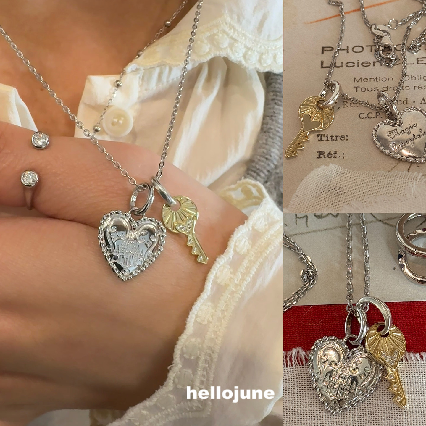 hellojune 925银 复古爱心项链毛衣链 钥匙吊坠项链