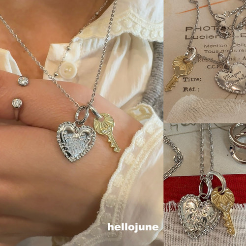 hellojune 925银 复古爱心项链毛衣链 钥匙吊坠项链