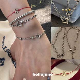 hellojune 钱多多钱币红绳 通体925银做旧复古手工银饰星星手链