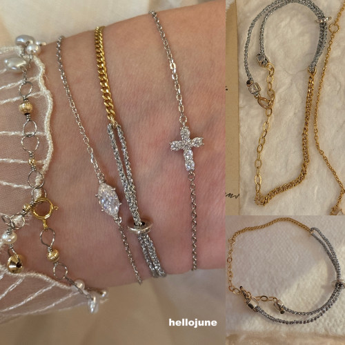 hellojune 金色链条手工编织绳手链 金银撞色手绳