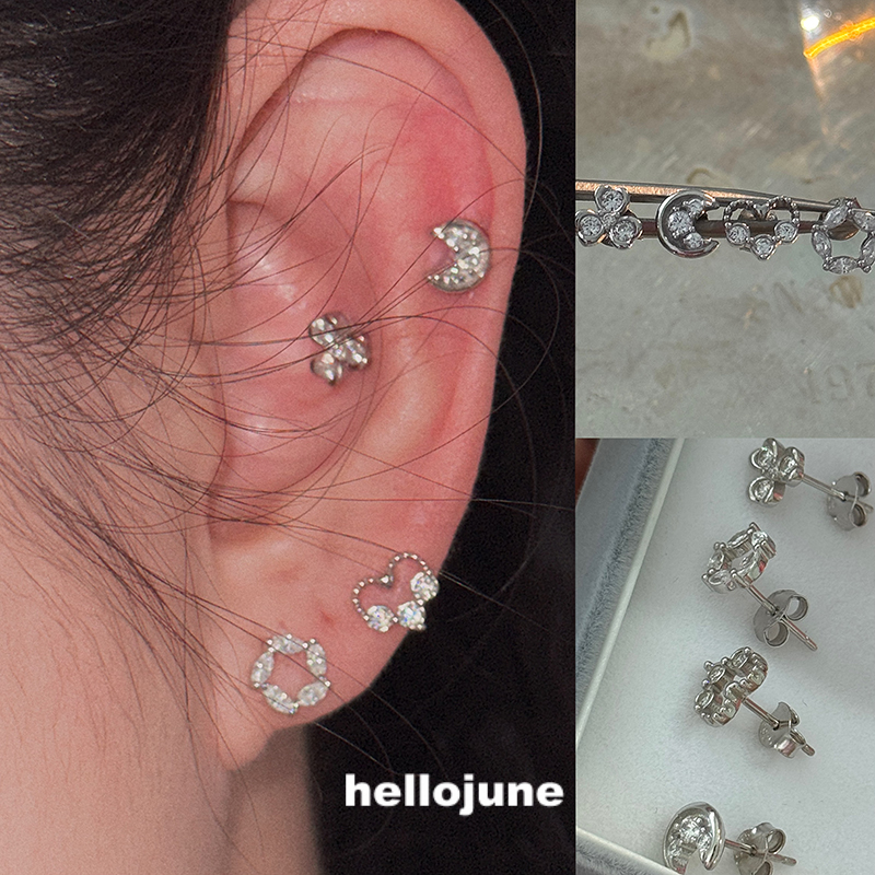 hellojune S925银 复古镂空爱心月牙 圆环耳钉