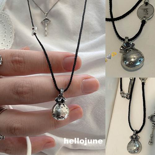hellojune 原创手工小众设计实心纯银福袋长项链新中式黑色毛衣链