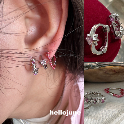hellojune S925银 粉钻鸢尾花 浪漫爱心星芒耳环耳圈
