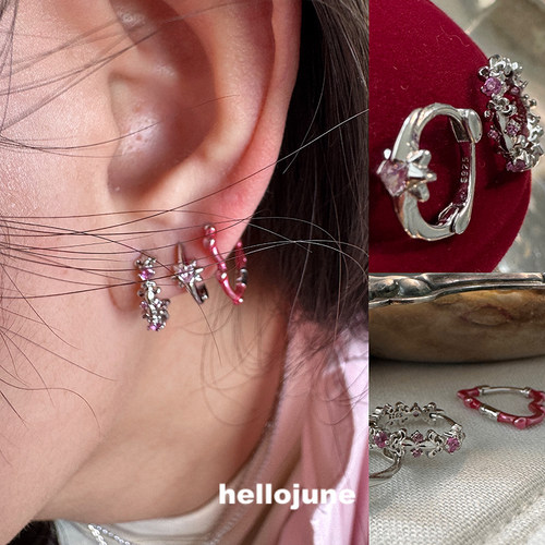 hellojune S925银 粉钻鸢尾花 浪漫爱心星芒耳环耳圈