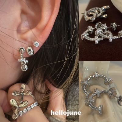 hellojune 通体925银重工款间隔排钻圆环麻花耳环圆圈C圈耳钉耳圈