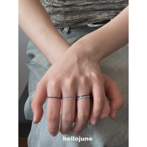 hellojune S925银 极细小众黑白锆石线条戒指 满圈排钻百搭素戒