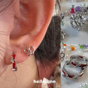 hellojune 简笔画童趣小蝴蝶耳钉 红色滴油蝴蝶耳环耳圈