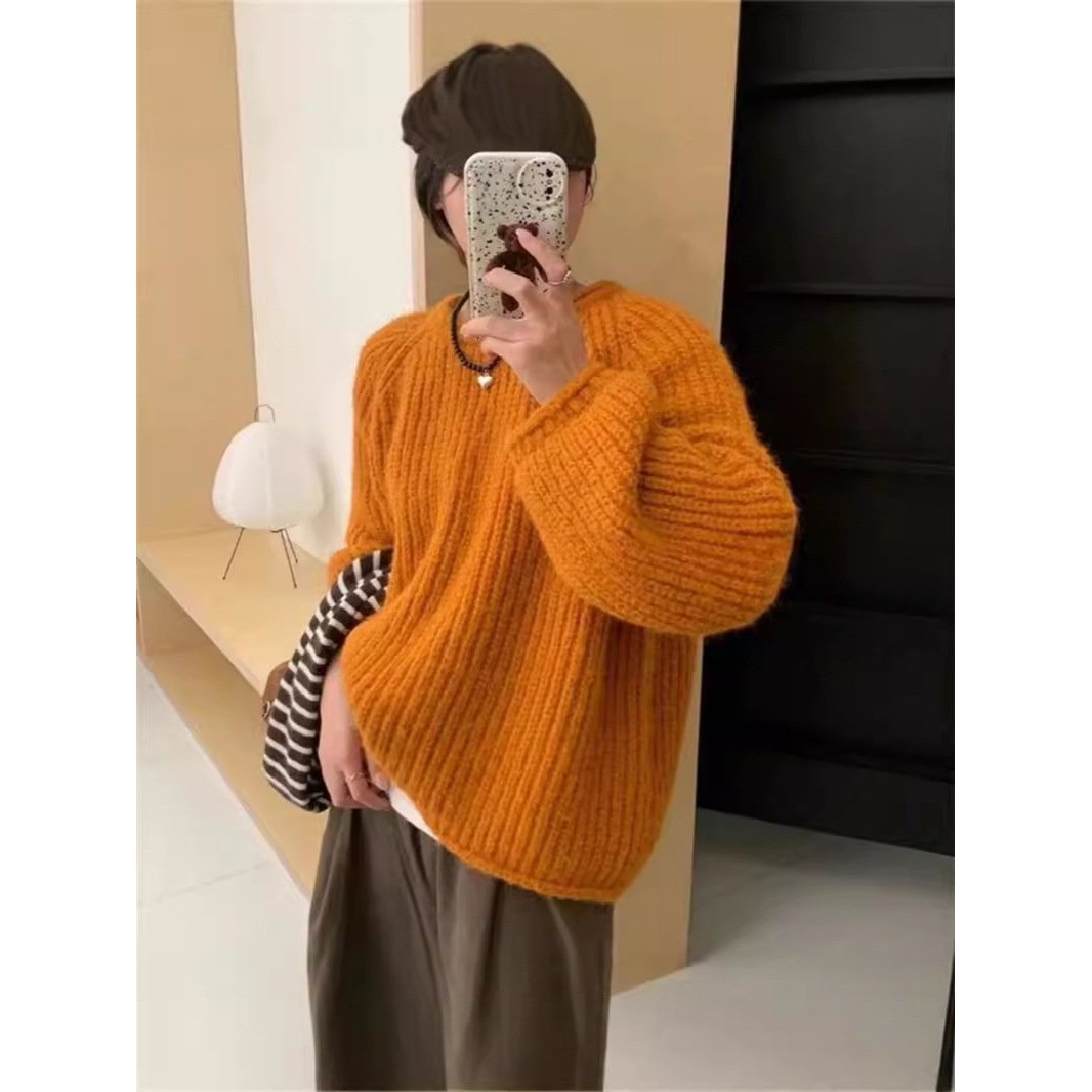 YUNSHU糖果色套头毛衣女2024秋冬日系复古纯色粗线慵懒风针织上衣