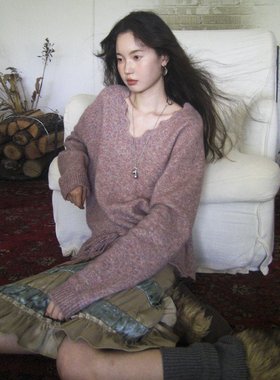 日韩Supe kid 超软幼马海毛羊毛亲肤镂空花边V领抽绳针织套衫毛衣