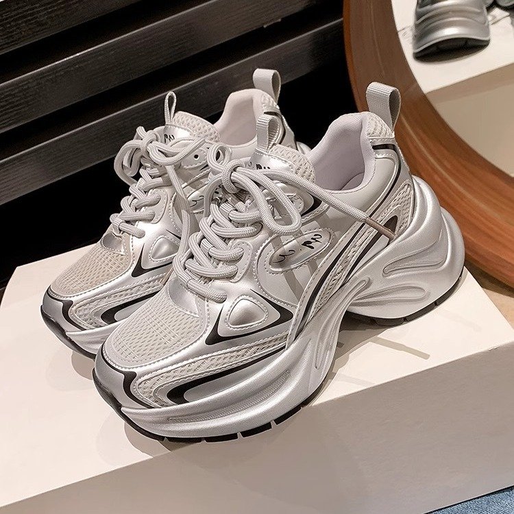日韩【白鹿同款】CCGG闪耀银河2025年春季新款老爹鞋女厚底银色运