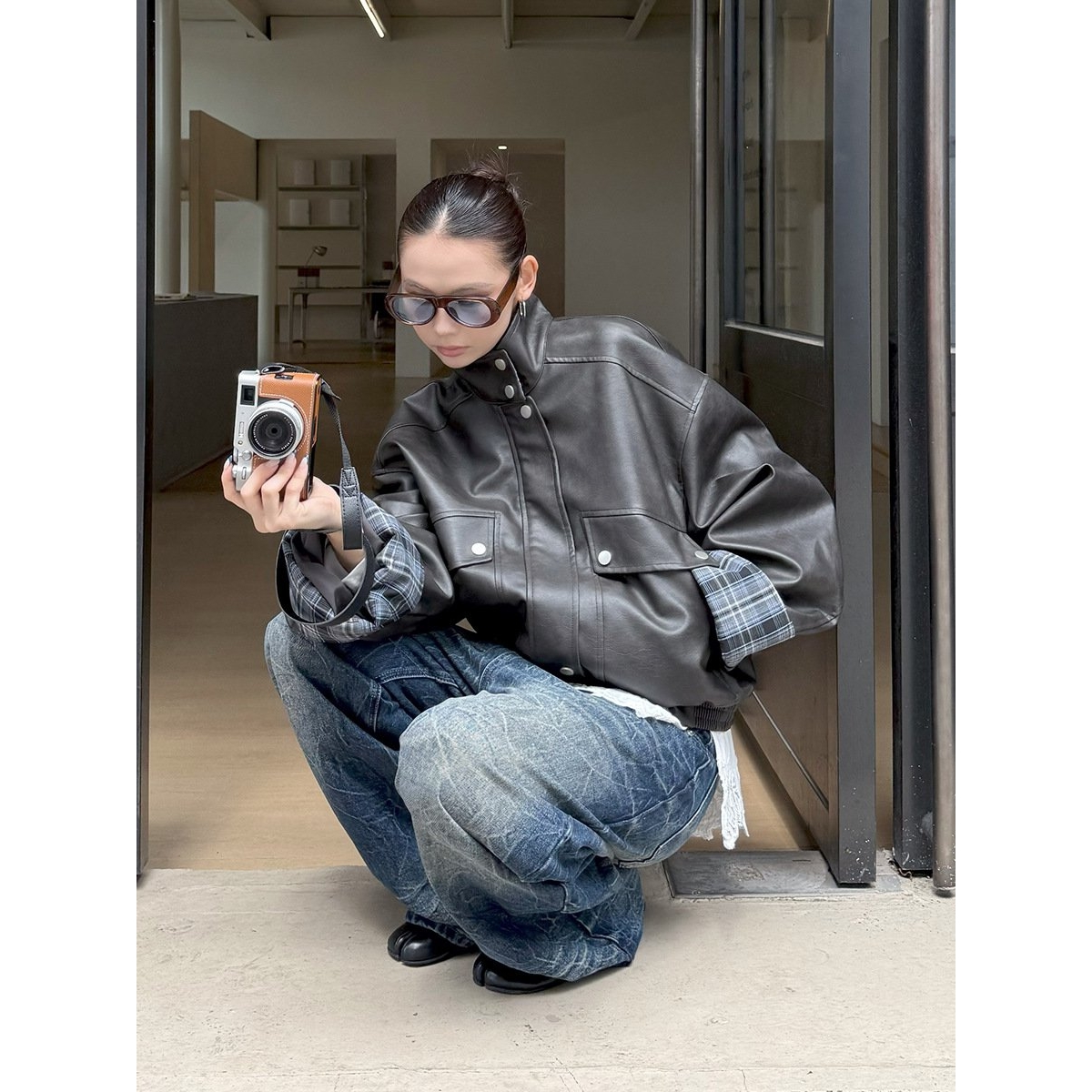 日韩MMFISH时髦洋气撞色格子大版皮工装风双口袋软皮夹克外套25W4