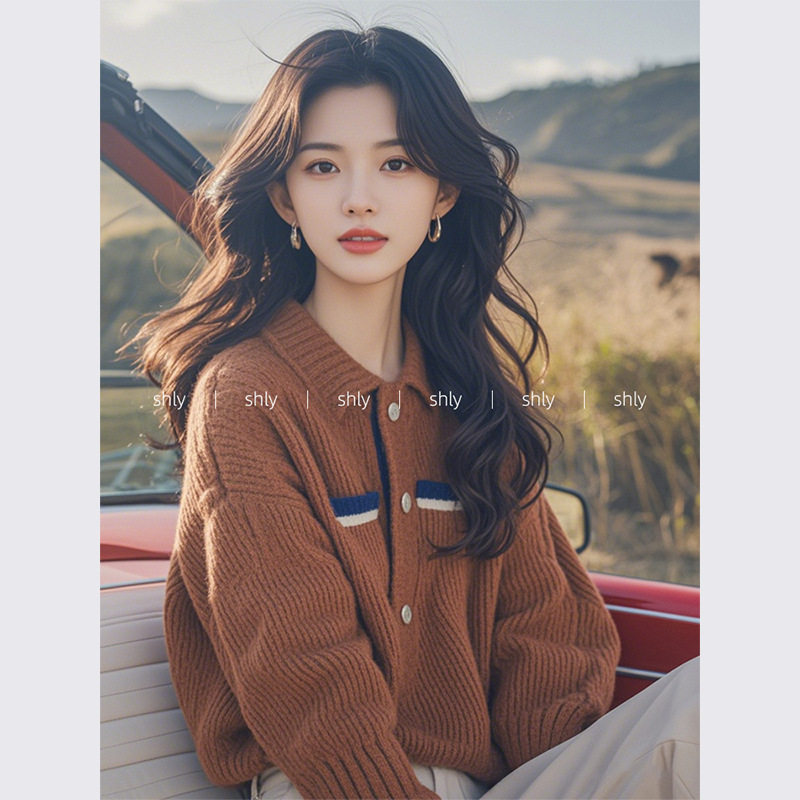日韩韩系慵懒风感复古咖色翻领毛衣女款2024年新款冬季小个子女装,女装/女士精品,毛衣,淘宝优惠券,粉丝福利购,淘宝优惠卷