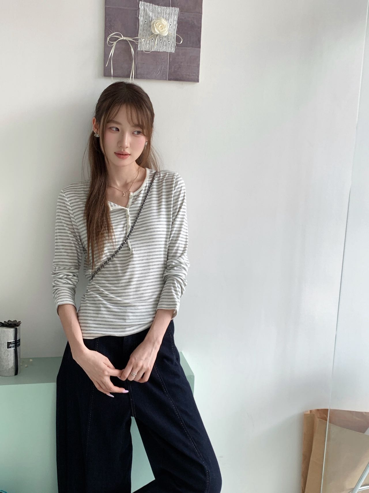 条纹亨利领长袖T恤女莱赛尔天丝修身显瘦打底衫内搭上衣26076