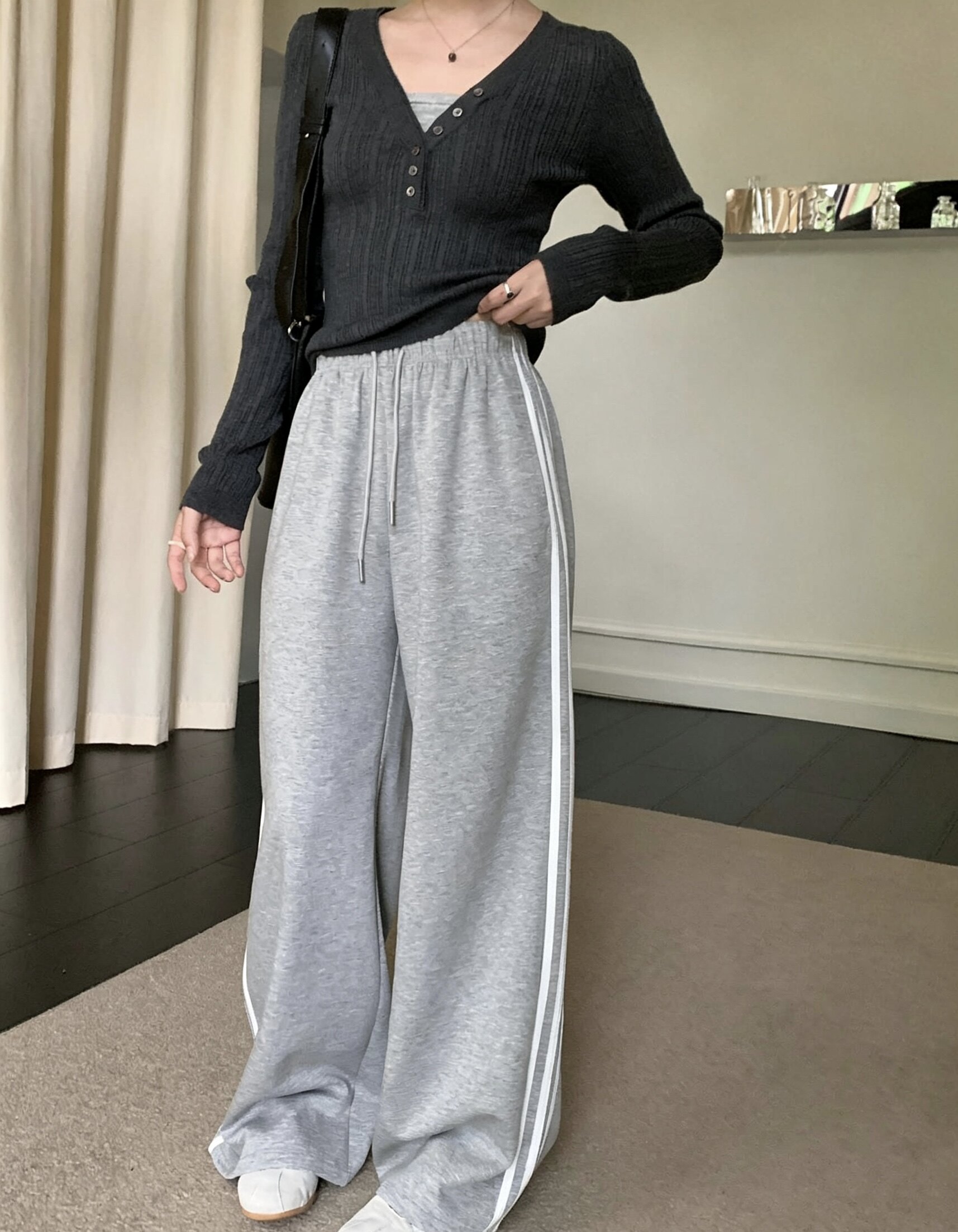美式松弛感侧边白条阔腿裤女 早秋慵懒垂感拖地卫裤休闲长裤807