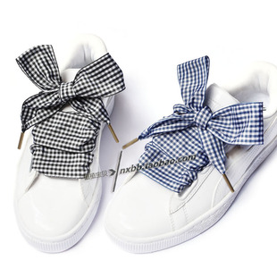 森女风格黑白深蓝棕白格子扁宽格子鞋带加宽加长高低帮三孔大鞋带