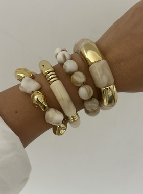 欧美风复古几何串珠拼接亚克力手镯 个性潮流拼色大理石白手镯