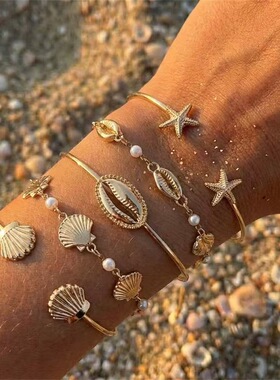 辣辣家欧美复古金色海洋系列度假风女小众设计感高级气质百搭手镯