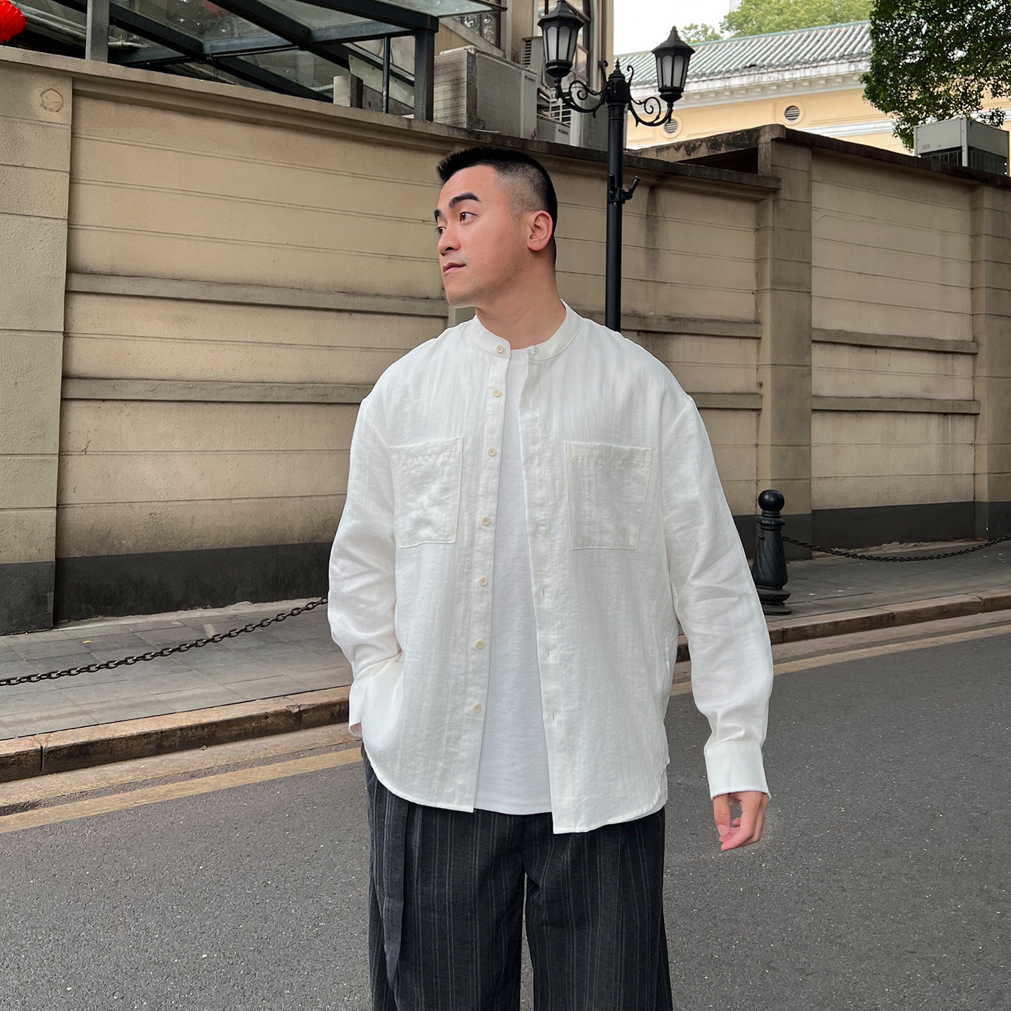 FFMR「新中式港风亚麻衬衫」2026春夏季薄款宽松亨利领白色衬衣男