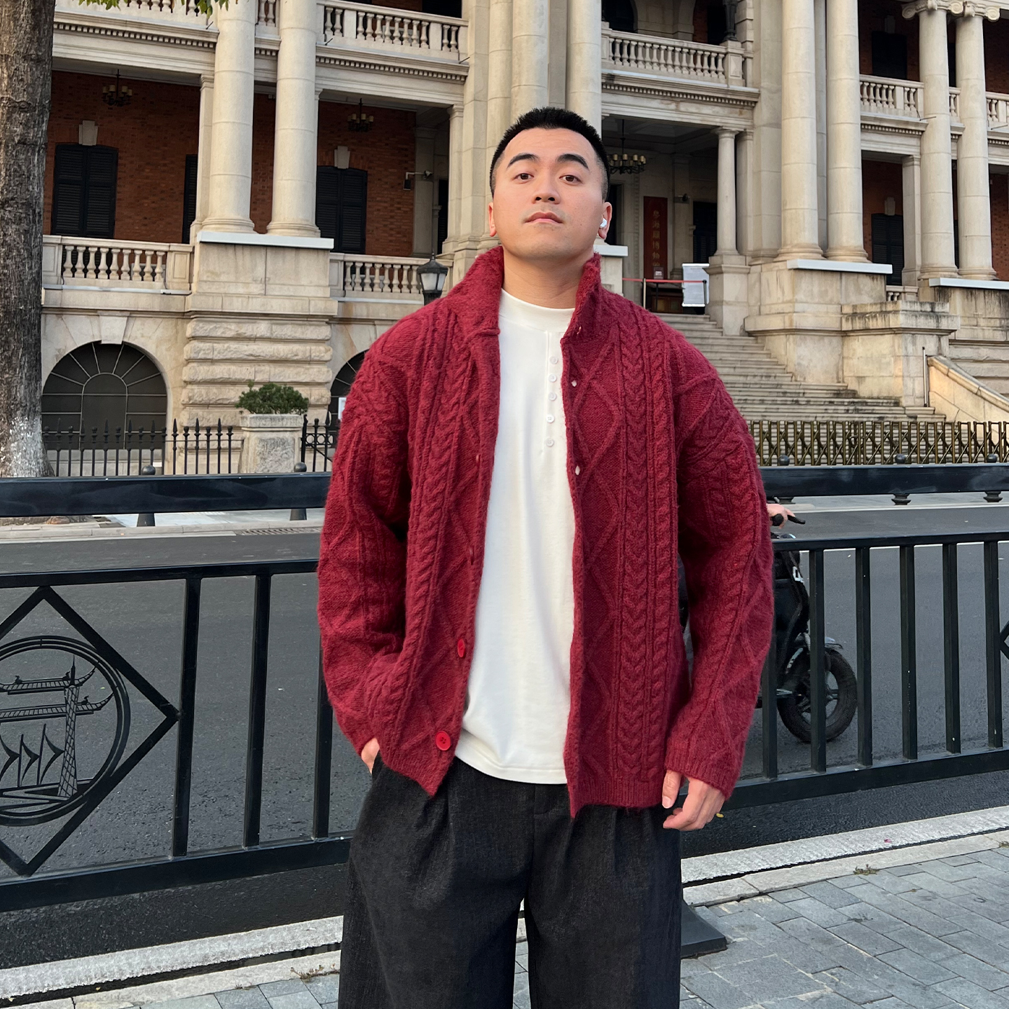 FFMR「安哥拉红色重工针织开衫」2025冬季加厚高领宽松毛衣外套男