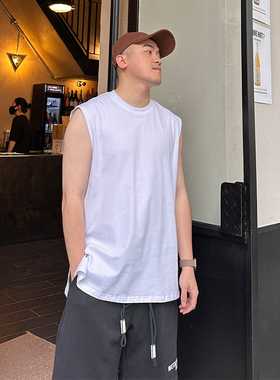 FFMR 夏季纯坎肩白色背心男宽松运动健身宽肩圆领无袖打底衫T恤男