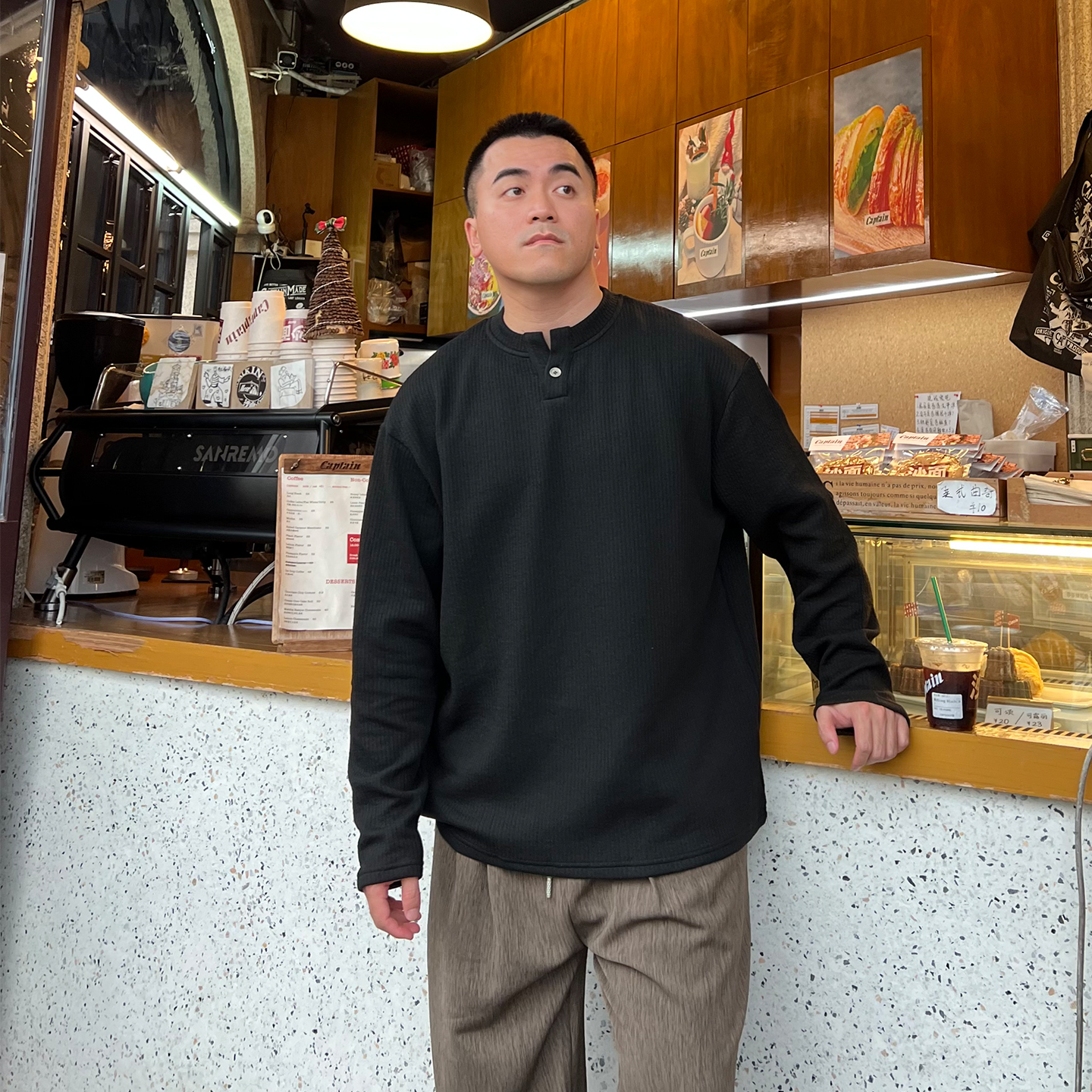 FFMR「针织肌理感」亨利领T恤2025秋冬垂感长袖宽松抗皱亨利衫男