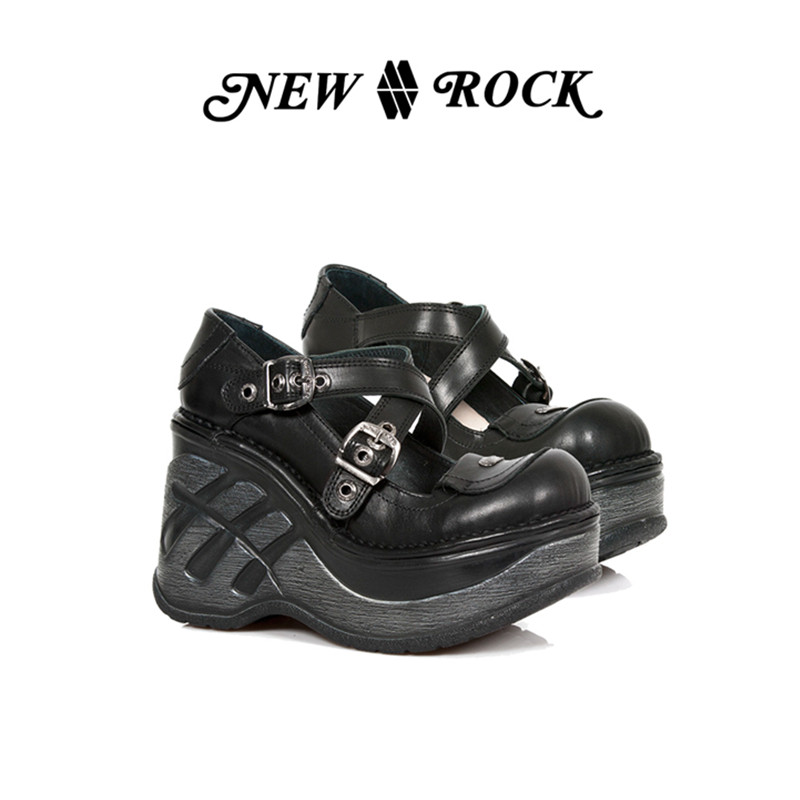 NewRock西班牙手工真皮暗黑朋克哥特风格绑带高跟玛丽珍皮鞋凉鞋