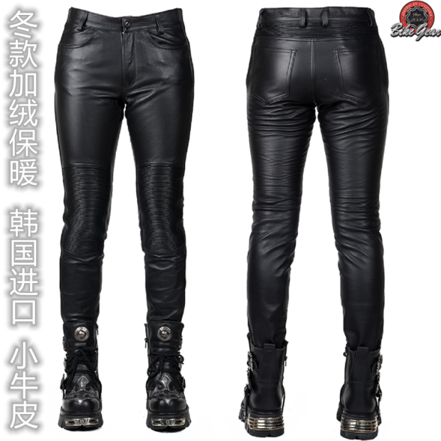 新品进口小牛皮冬季女士摩托车骑行裤加绒保暖哈雷皮裤黑色修身