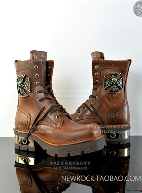西班牙NewRock个性牛皮棕色复古骷髅哈雷摩托机车中短筒男士皮靴