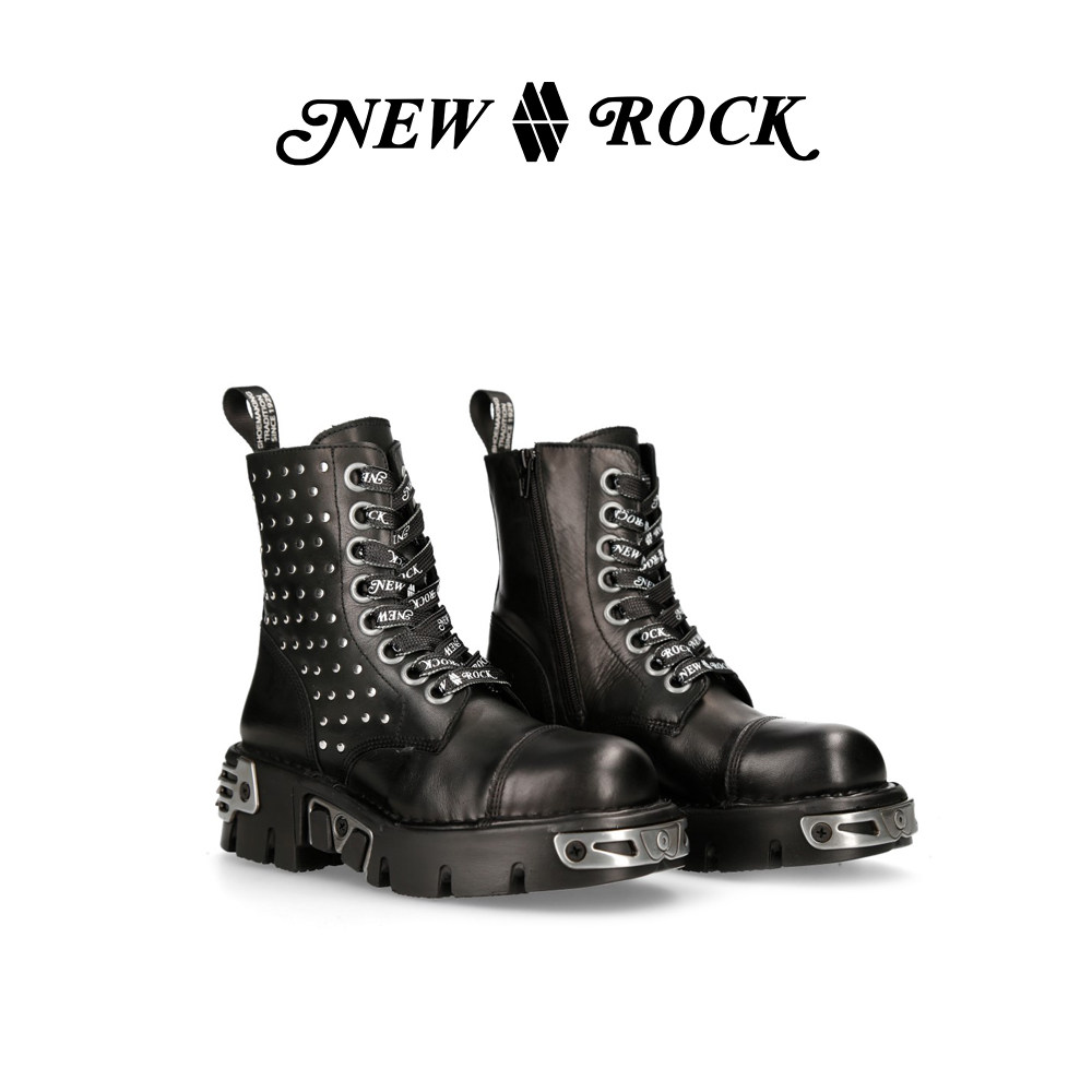 New Rock秋季新款手工真皮金属朋克铆钉限定版男女潮牌厚底马丁靴