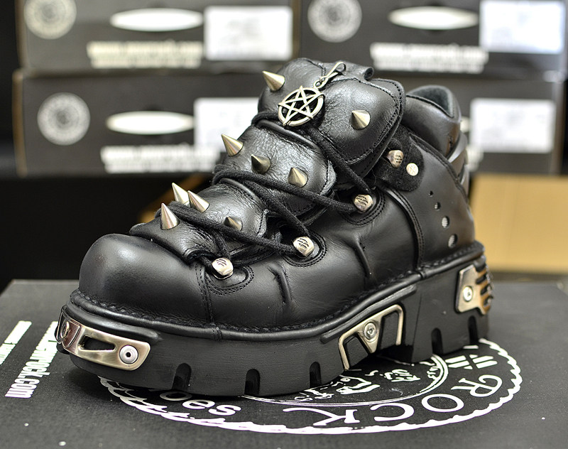 NewRock个性牛皮黑色朋克金属铆钉厚底高帮哈雷骑士皮靴增高黑色