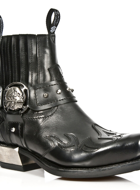 西班牙进口NEW ROCK纯手工牛皮黑色西部牛仔男靴哈雷机车短筒靴子