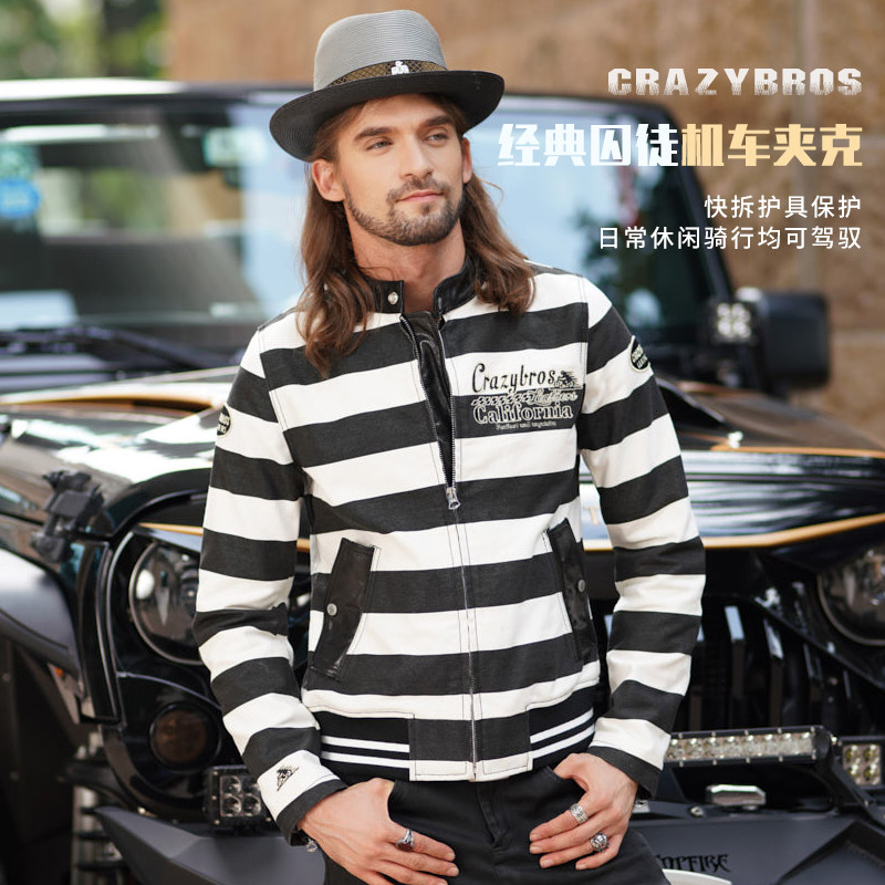 现货男士重磅帆布羊皮摩托车骑行服囚徒哈雷夹克防摔护具外套刺绣