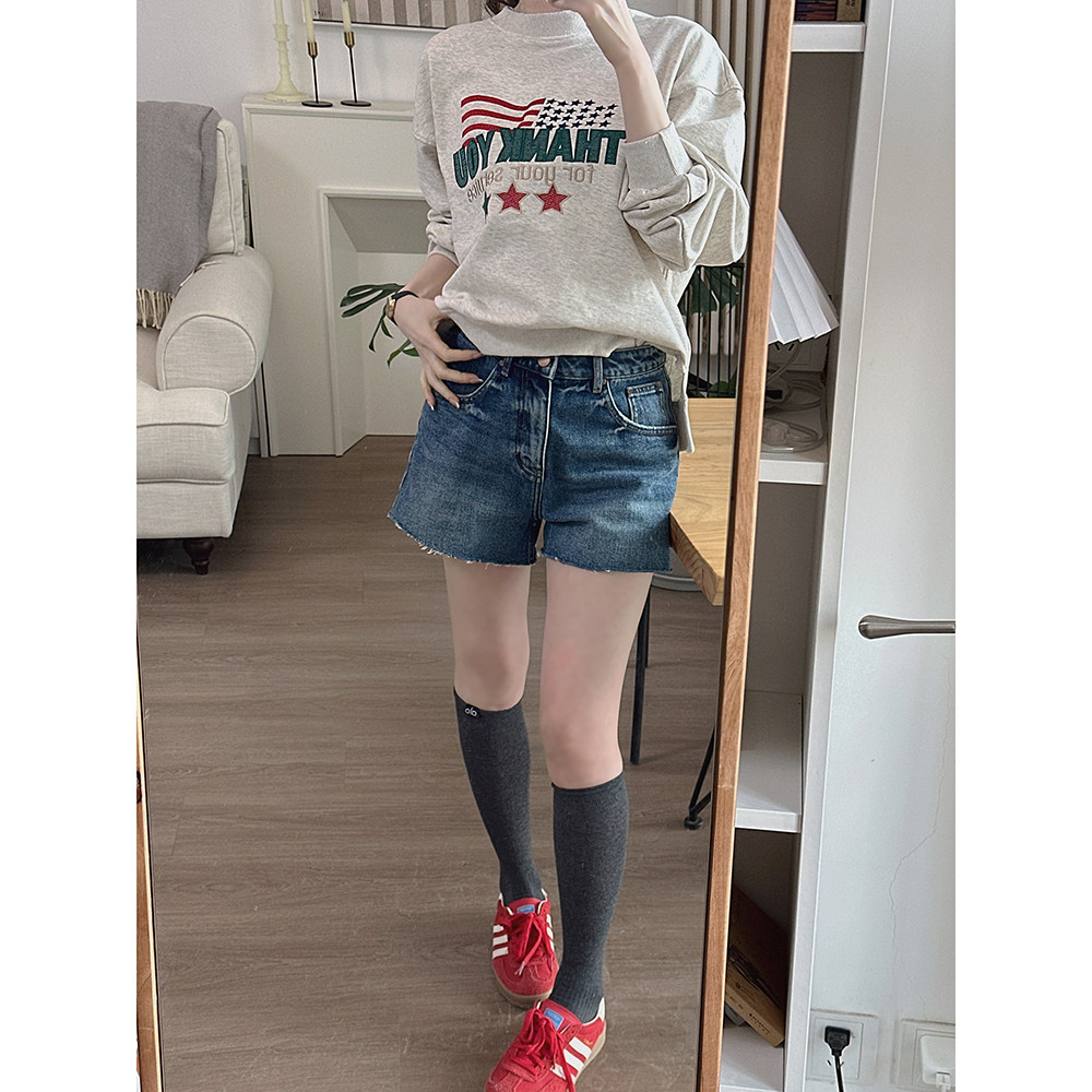CHIA春夏美式简洁无敌百搭毛边常规款正洗水蓝短裤仔裤热裤