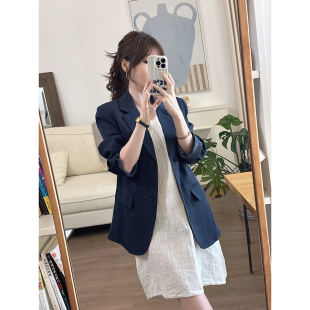 CHIA春季 显瘦遮肉 INS人手一件洋气深蓝色中长随身常规莱赛尔西装