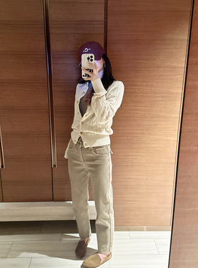 CHIA冬季保暖气质洋气正卡其色穿出小翘臀修身版复合绒保暖直筒裤